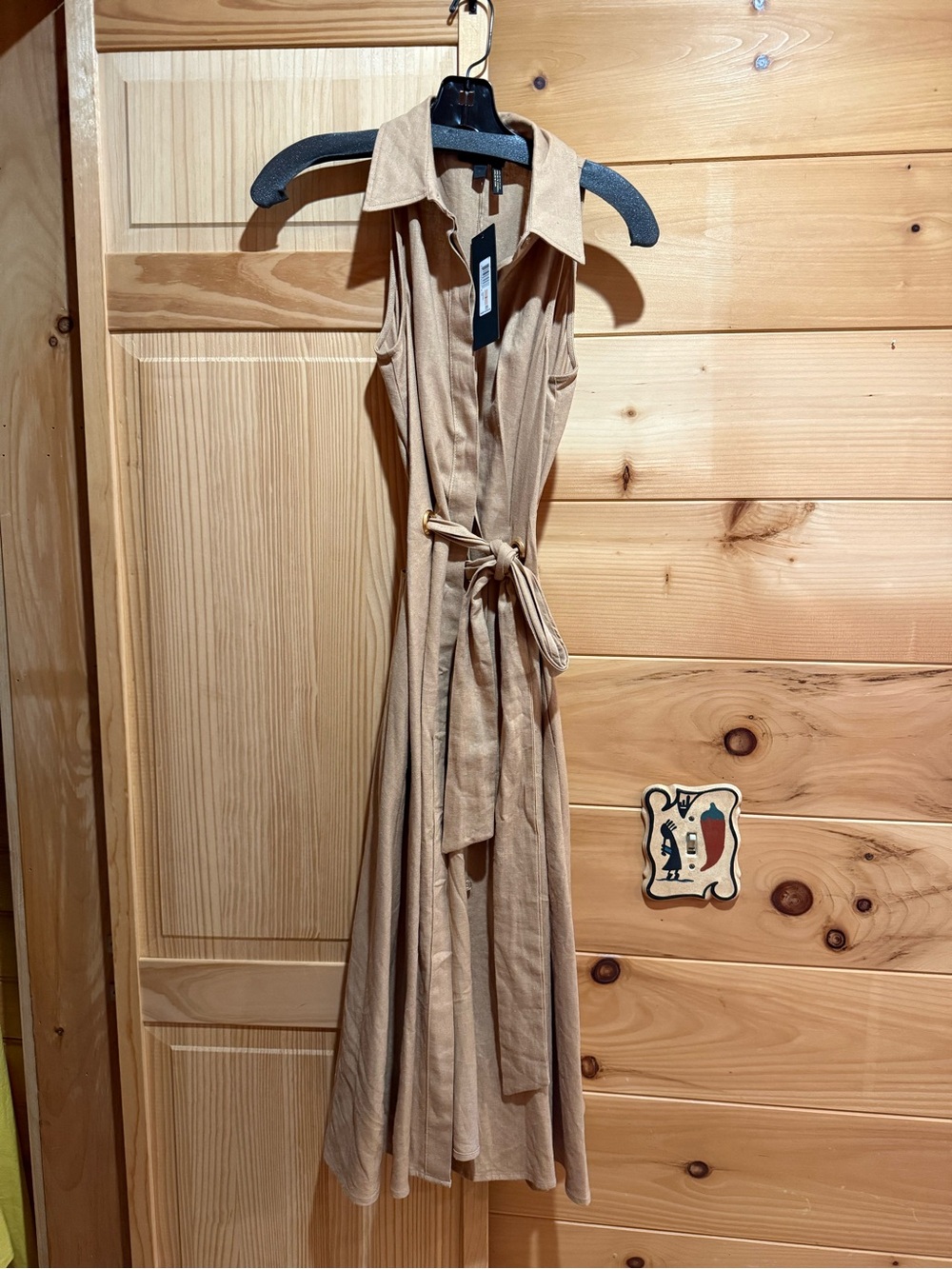 Donna Karan Sleeveless Collared Midi Dress in Beige